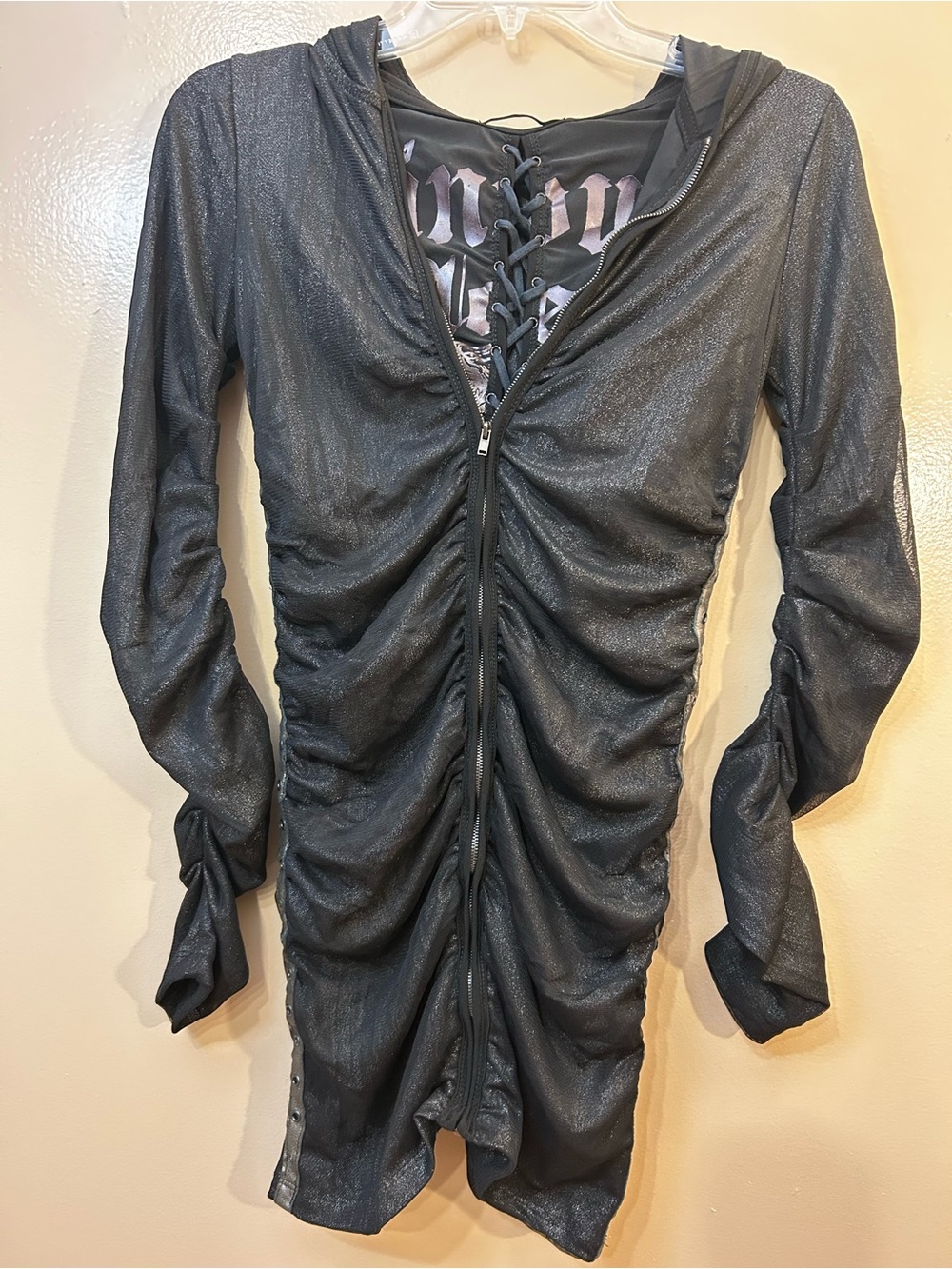 Salvage Shimmery Black Ruched Mini Dress with Hood